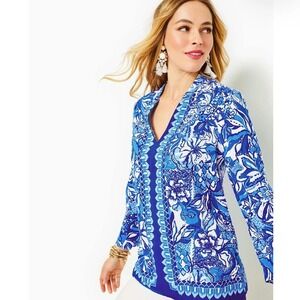 Lilly Pulitzer Women M Luna Bay Blue‎ Tang Flocking Floral 3/4 Sleeve Tunic Top